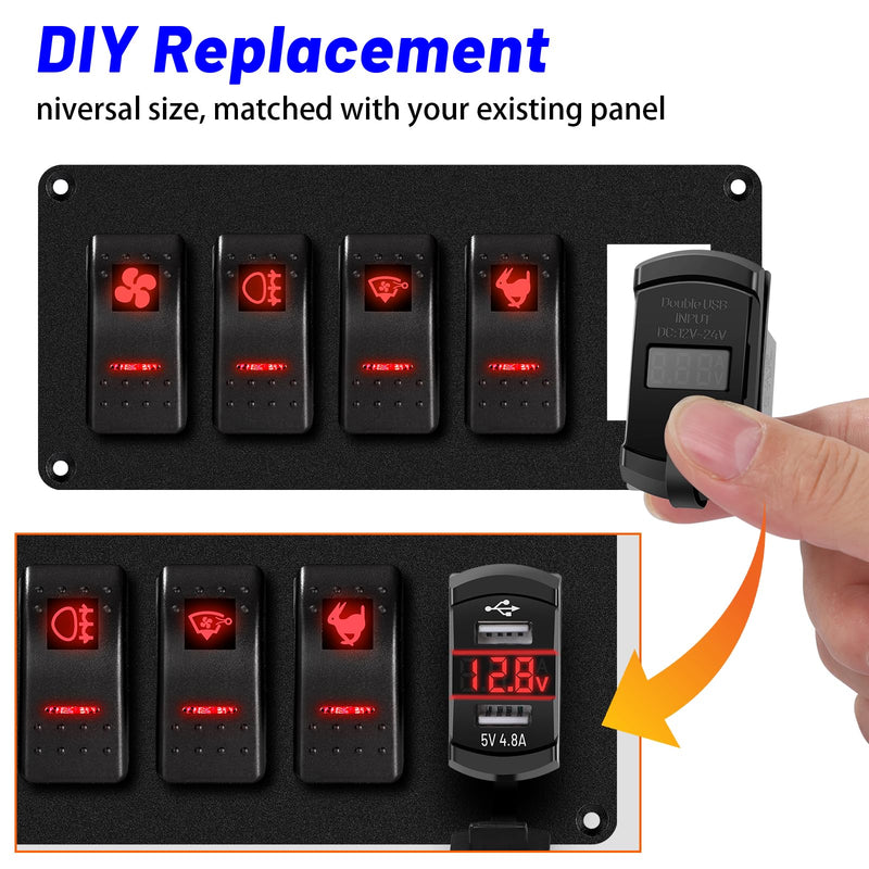 Rocker Switch USB Charger with New Updated Ammeter and Voltmeter Universal Fits Rocker Switch Panel 12V 24V Dual USB Charging Port Outlet for RV Cars Marine Boats ATVs Trailers Dual USB Current-voltmeter Red