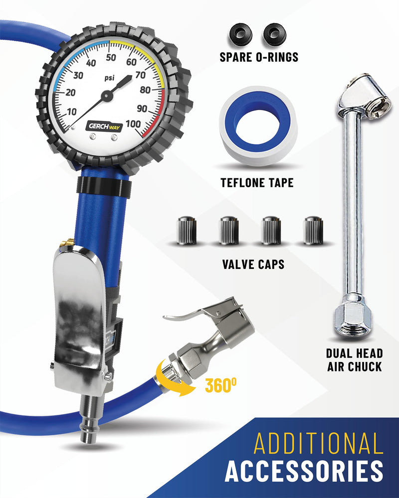 Tire Inflator with Pressure Gauge and Longer Hose - Most Accurate, Heavy Duty Air Chuck with Gauge for Air Compressor Tire Inflator Attachment - 100PSI 100 psi White Dial