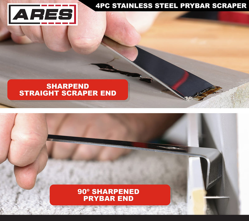 ARES 46020-4-Piece Stainless Steel Prybar Scraper Set - Ultra Sharp Scrapers Remove Residue from Steel, Aluminum, and More - Prybar Ends Offer Extra Leverage - Built-In Nail Puller and Bottle Opener