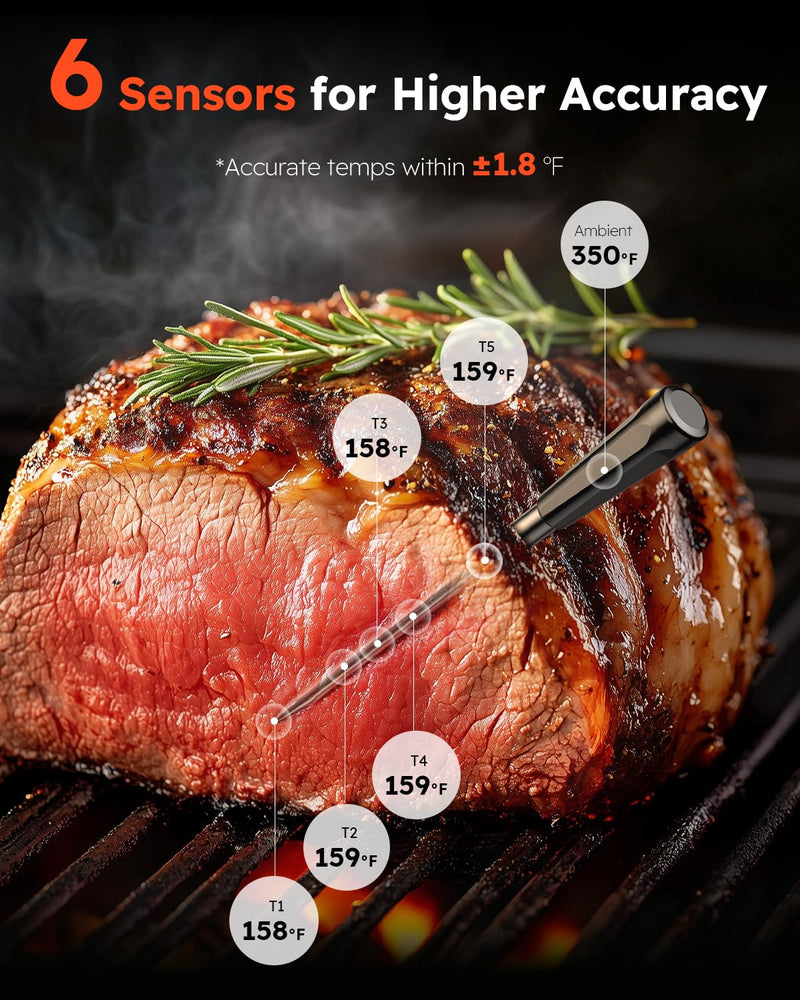 Smart Wireless Meat Thermometer with Ultra-Thin Probe, Digital Food Thermometer 0.5S Instant Read, 600FT Bluetooth Range Real-Time Monitoring & Smart Alerts for BBQ, Grill, Smoker, Oven, Air Fryer 1 Probe
