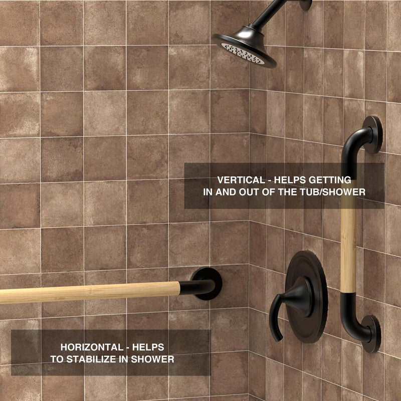 Safety Grab Bar for Bathroom & Toilet, Natural Bamboo Handle, ADA Compliant Balance Assist Handrail for Handicap and Seniors, 12in Matte Black