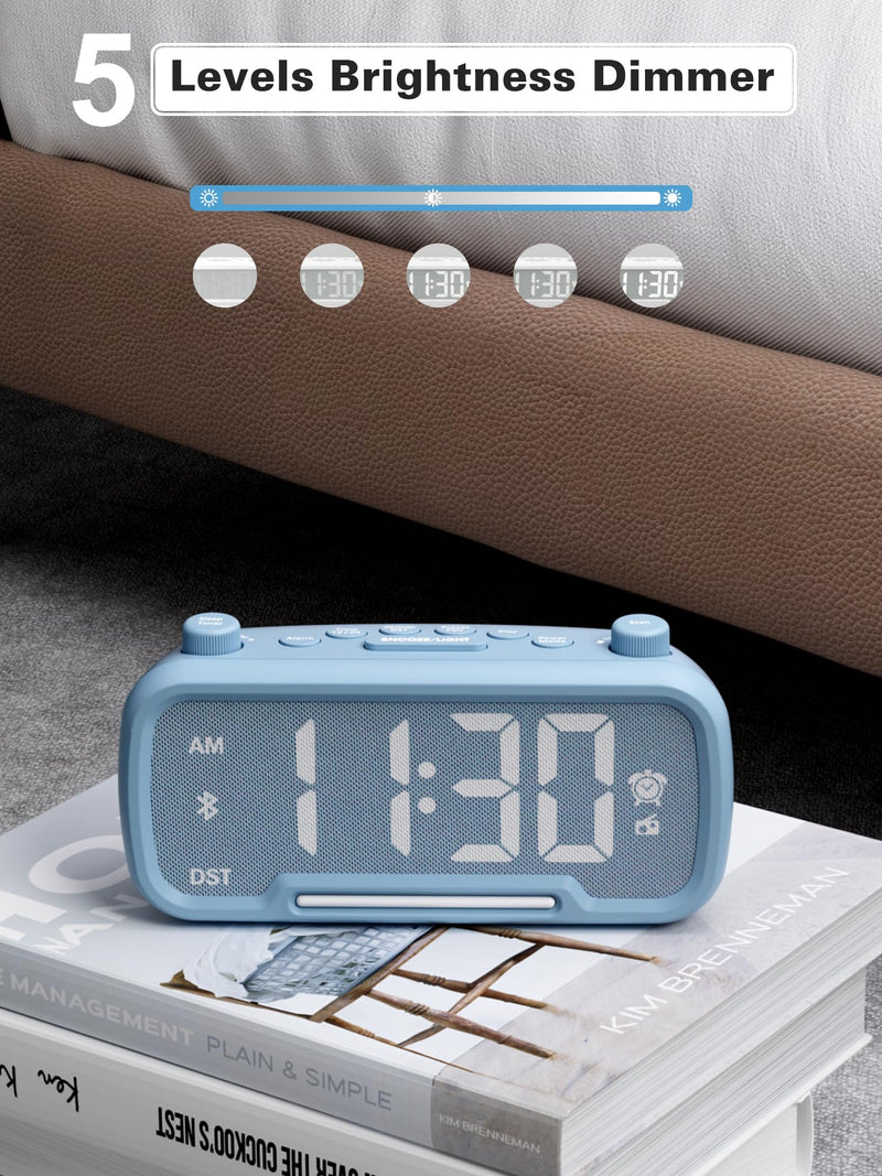 Mesqool Digital Alarm Clock with 2 USB Chargers,Bluetooth Speaker, FM Radio,Night Light,5-Level Dimmer,Adjustable Volume,12/24H,Snooze,Battery Backup,Loud Clock Radio for Heavy Sleepers Adults Blue