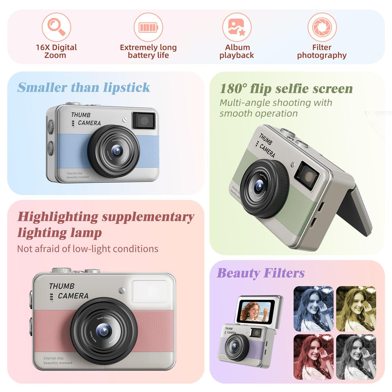 Mini Keychain Camera - HD Thumb Camera, 1.47-inch Flip Screen | Multiple Shooting & Recording Modes | Portable Digital Camera with SD Card for Travel, Party | Ideal Fashion Pendant Gift pink and white