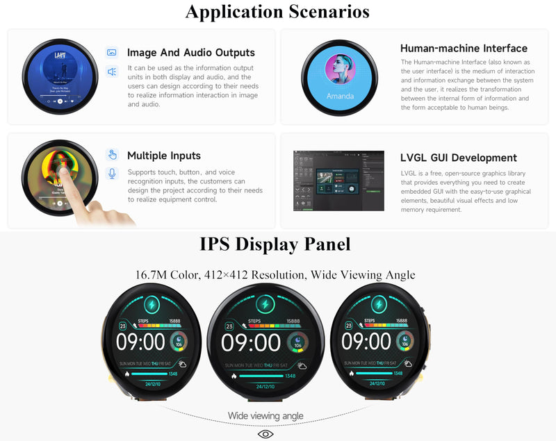 ESP32-S3 1.46inch Round Touch Display Development Board, 412x412 Pixel IPS Display, Accelerometer and Gyroscope Sensor, Onboard Speaker and Microphone, ESP32 with Display, with Protective Cover Glass