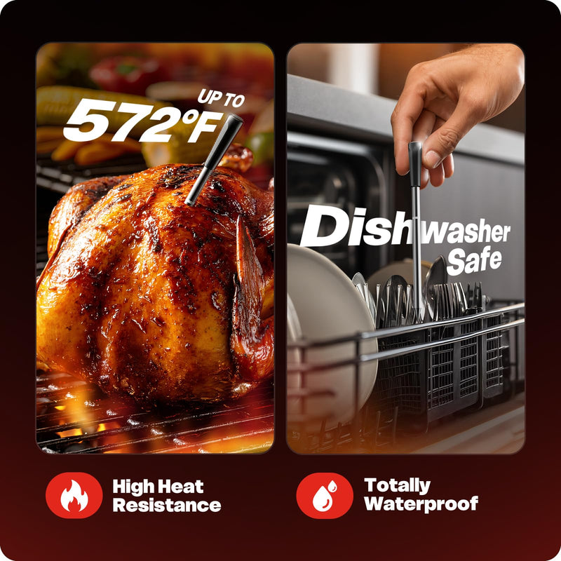 Smart Wireless Meat Thermometer with Ultra-Thin Probe, 6 Sensors Accuracy Digital Food Thermometer 0.5S Instant Read, IP67 Waterproof for BBQ, Grill, Smoker, Oven, Air Fryer,Black Black