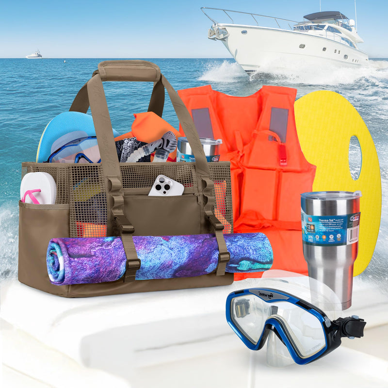 Yarwo Boat Gear Tote Bag, 35.5L Waterproof Boat Accessories Organizer with Marine-grade Coated Mesh and Wet Dry Pockets Brown