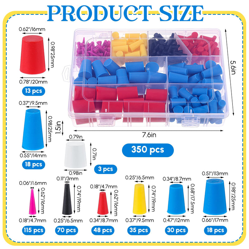 350 Pcs Rubber Plugs 8-Sizes Silicone Tapered Plug Kit 1/15" to 1" High Temp Stoppers for Coating, Hole, Painting Protection Silicone Stopper 350