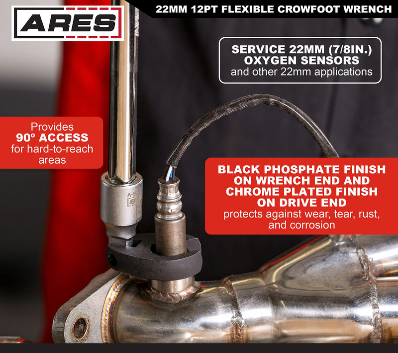 ARES 33014 – 1/2-Inch Drive Flexible Crowfoot Wrench - 22mm (7/8-inch) 12pt Crowfoot Wrench – 180 Degree Flex Head Offers 90-Degree Access for Hard-to-Reach Bolts – Services Oxygen Sensors