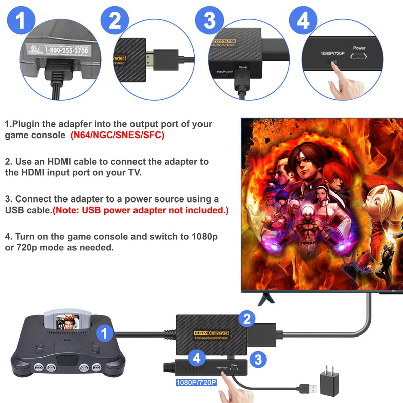 N64 to HDMI Adapter, N64 HDMI, HDMI Converter for N64/Game Cube/SNES/SFC Support 16:9/4:3 Conversion with Link Cable and USB Cable