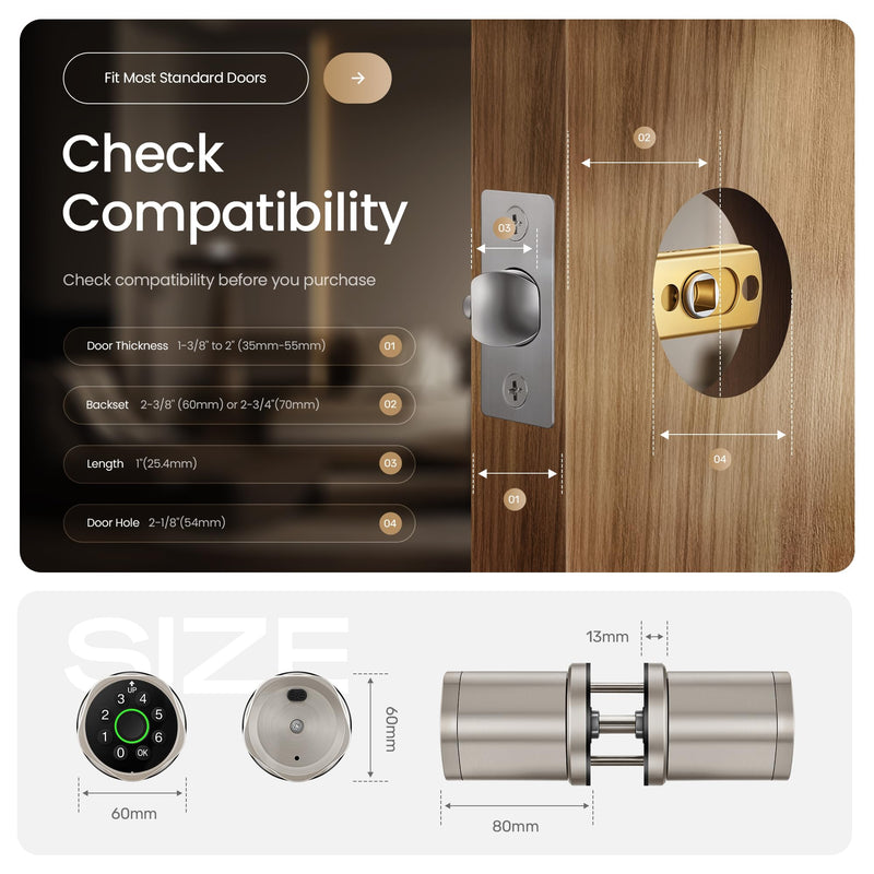 Leydebong 4-in-1 Smart Door Lock with Fingerprint and Keypad - Keyless Entry Electronic Lock with App and Mechanical Key - Easy Installation Smart Door Knob for Home Office Bedroom & Apartment 1 Satin Nickel