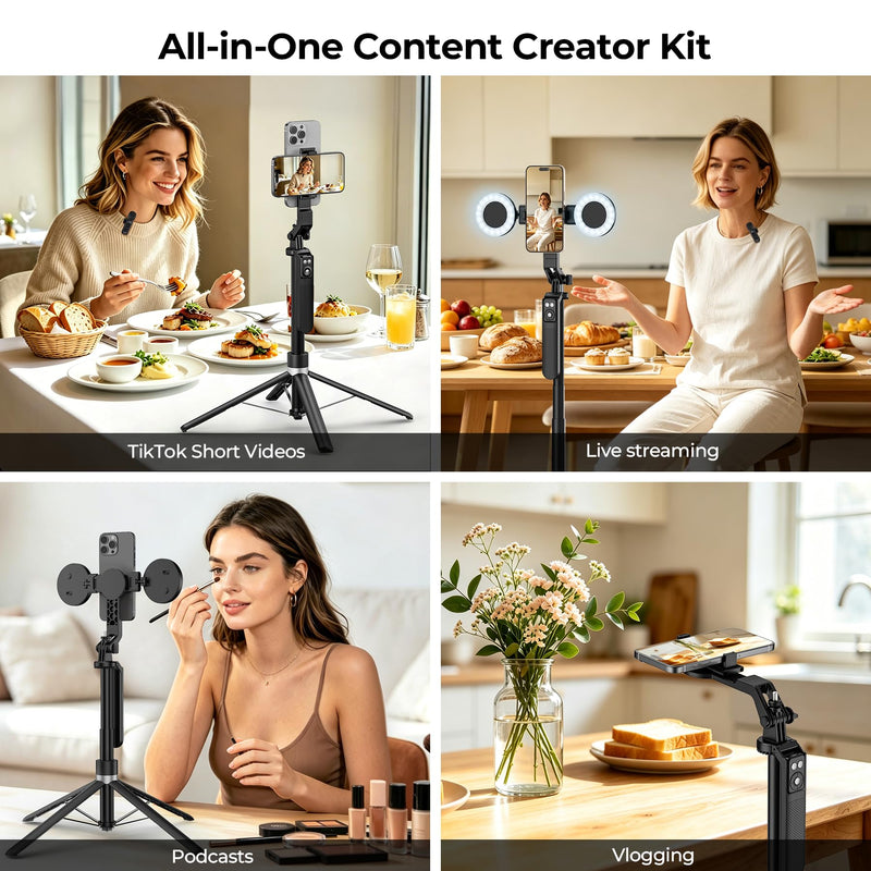 Content Creator Essentials Vlogging Kit, Magnetic Tripod & 2 Lights 2 Mics | 68" Magnetic Tripod for iPhone MagSafe/Android with Remote & 2 in 1 Magnetic Holder for Video Recording/Travel/Vlogging
