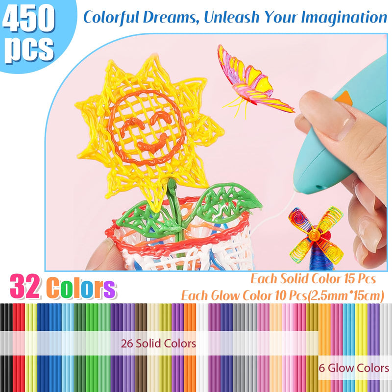 450 Pcs 3D Pen Printer Filament Refill for Start 3D Pen,32 Colors 2.5mm Thick Low Print Temperature PCL Filament Only Fit for 3Doodler Pens,Each Length 6 Inch 450 Pcs