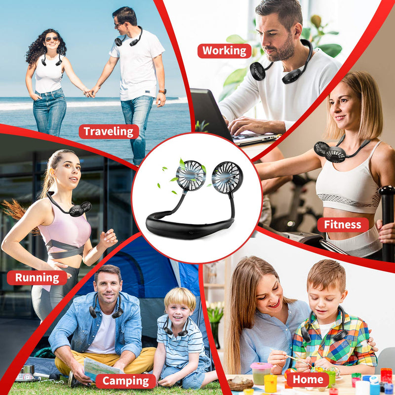 Portable Neck Fan Rechargeable Personal Hand-Free Fan Mini USB Wearable Neckband Sport Fan, 3 Speed Adjustable, 360 Degrees Free Rotation Perfect for Working, Traveling, Office, Reading (Full Black) Full Black