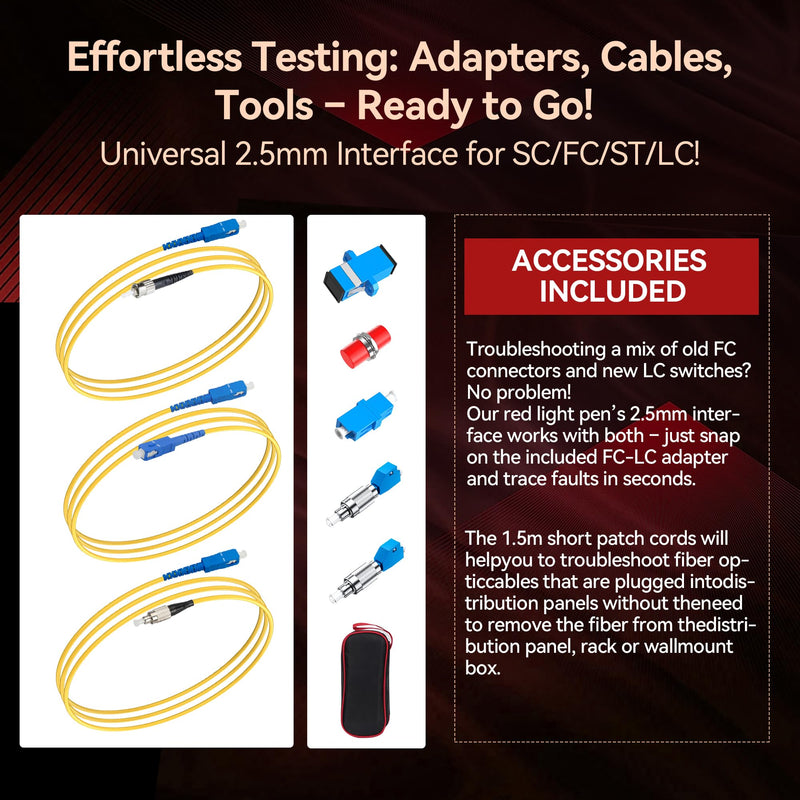 Visual Fault Locator Kit - 50KM Range Fiber Optic Cable Tester Tool Kit Red Light Pen Tester with 2.5mm Universal Connector 2pcs FC-LC Adapters 1pc LC/SC/FC Coupler 3 x 1.5m Patch Cords RAINLEOTI VFL-50