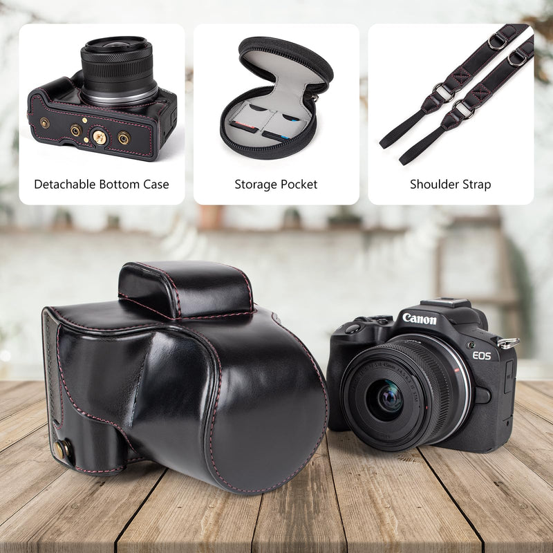 MUZIRI KINOKOO Protective Case for Canon EOS R50/R100 Camera and 18-45mm Lens, PU Leather EOSR50 R100 Camera Bag Including Half Case, Flip Cover, Shoulder Strap and Storage Pocket - Black