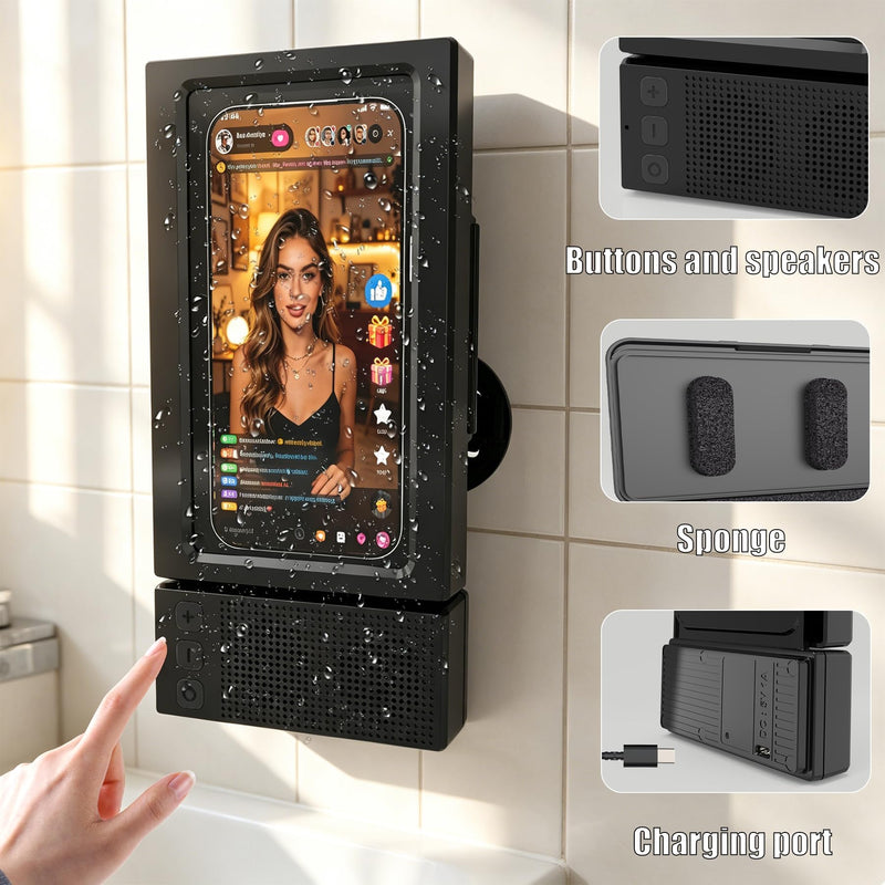 Shower Phone Holder with Wireless Bluetooth Speaker for iPhone,2026 New Waterproof 480° Rotation Adjustable Shower Phone Case Accessories, Wall Phones Mount Stand Speakers for Bathroom Mirror Black-Z09