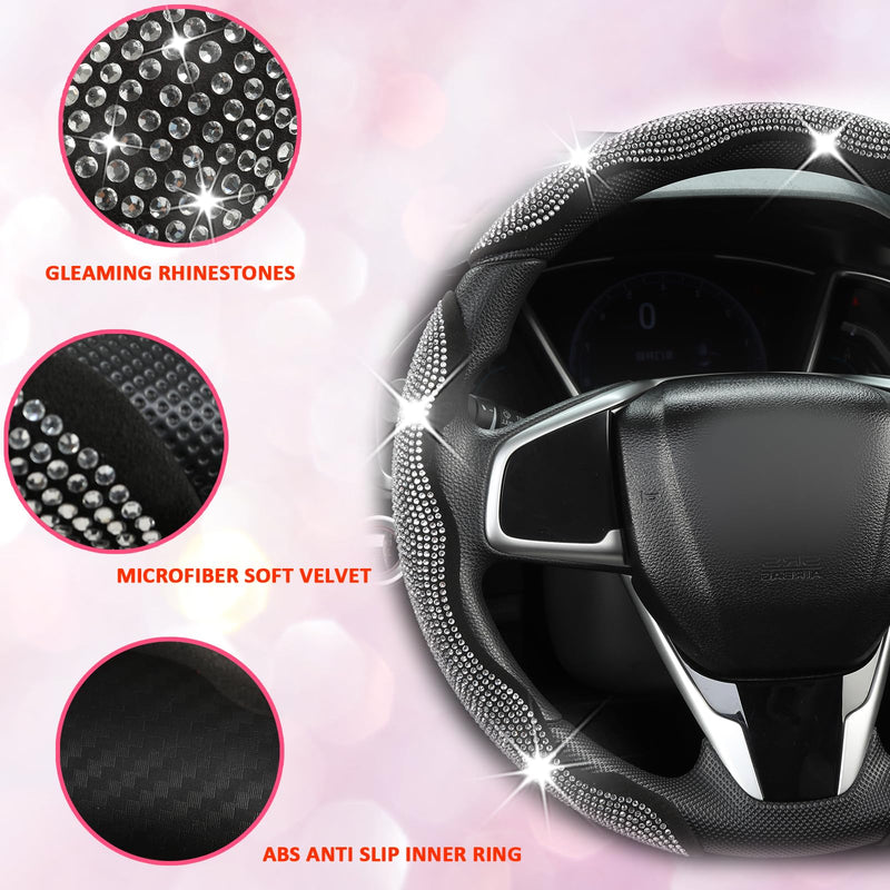 West Llama Diamond Bling Car Steering Wheel Cover with Crystal Rhinestones,3PCS Segmented Steering Wheel Protector,Universal for 99% Cars for Women(Black with White Diamond) 3 Pieces Black with White Diamond Rhinestones