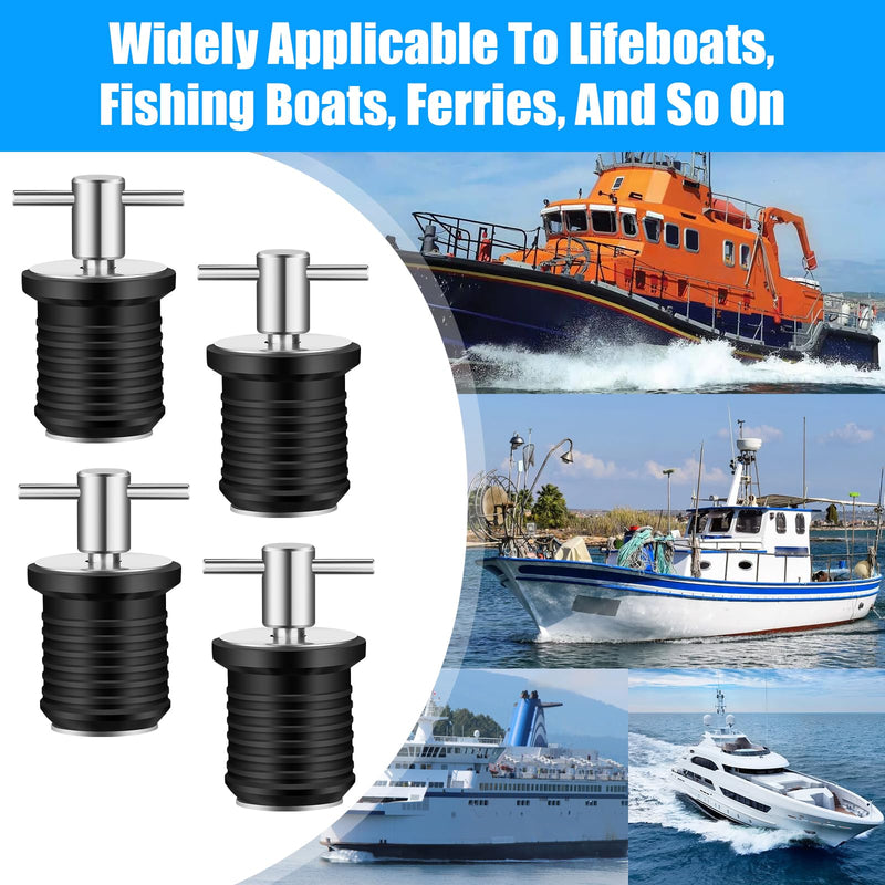Linkstyle 4 Pcs Brass T-Handle Drain Plug, Marine Boat Drain Plugs for 1in Drains Locks, Twist-Turn and Seal Design Rubber Plugs for Yachts Kayaks 4pcs Stainless Steel