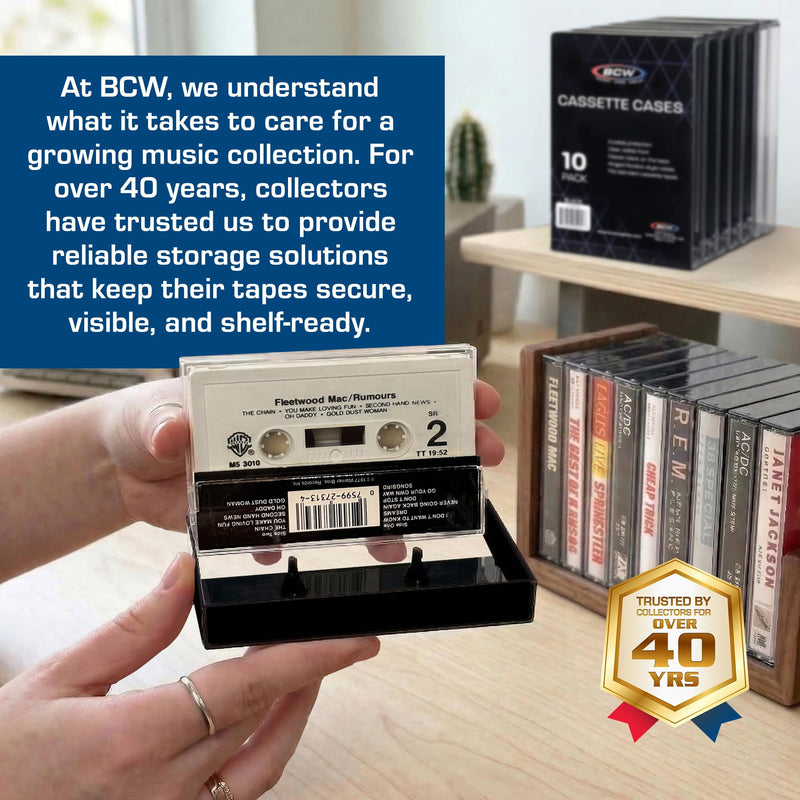 BCW Cassette Tape Cases – 10 Pack (Black) | Replacement Audio Cassette Cases | Protect & Store Standard Cassette Tapes | Durable Plastic Storage for Music & Blank Tapes Black
