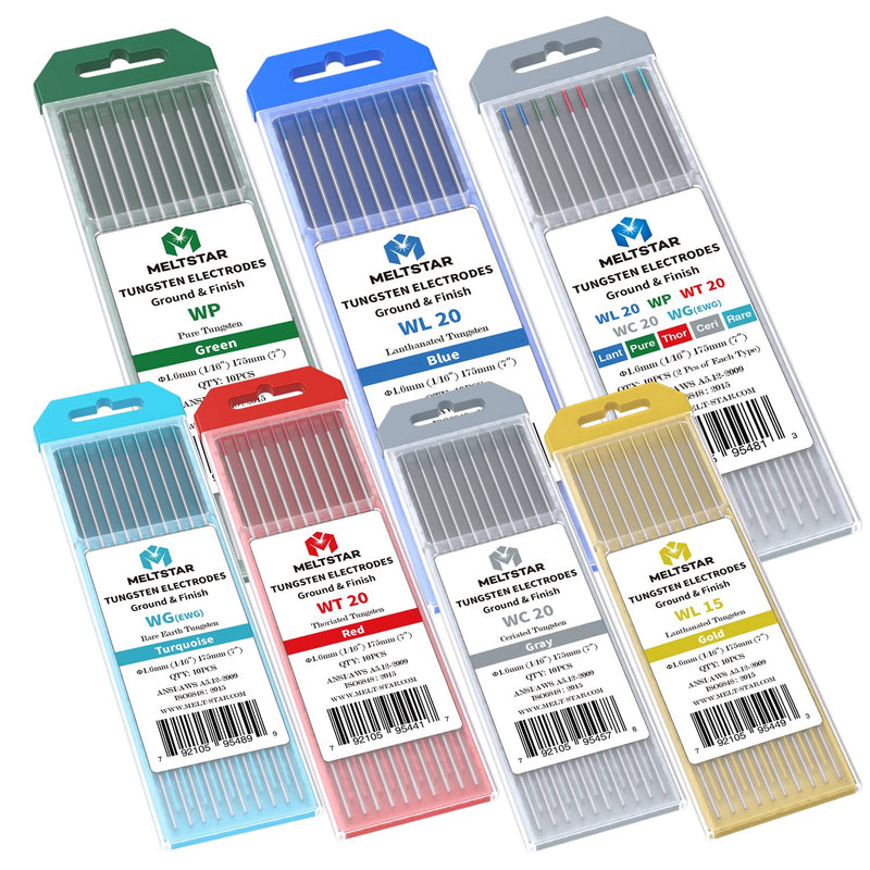 TIG Welding Tungsten Electrodes Mix Set, 5 Color Markings Red Green Blue Turquoise Grey, 1/16" x 7" 10 Pack 1/16” x 7” Multicolored