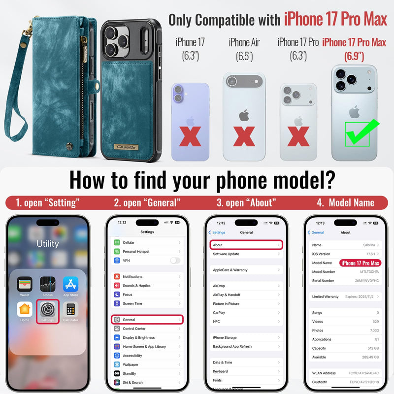 Compatible with iPhone 17 Pro Max Wallet Case with Magsafe with Zipper & Card Holder Strap Wristlet Detachable Magnetic Protective Back Case for iPhone 17 Pro Max 5G 6.9 Inch (Blue) iPhone 17 Pro Max 6.9 Inch (Detachable and Magsafe)-Blue