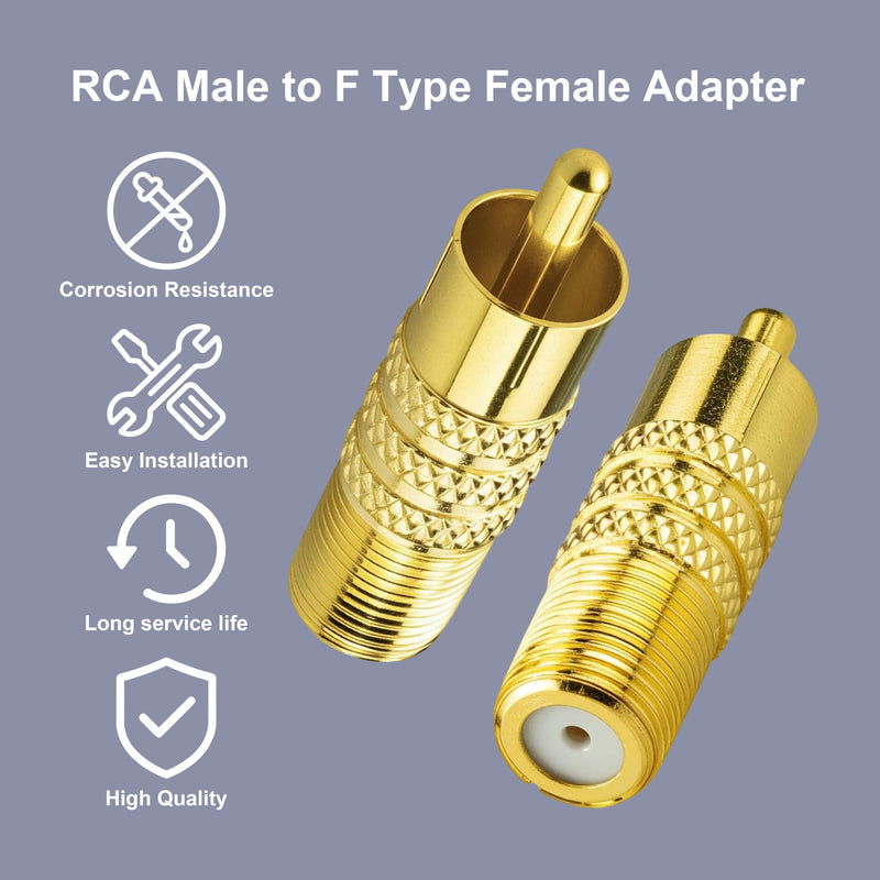2-Pack RCA Male to F-Type Female Coaxial Adapter 75-Ohm Gold-Plated F to RCA Plug Converter for Antenna TV, Subwoofer, Cable Box, Satellite Receiver, CCTV