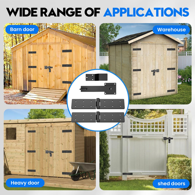Fence Gate Hinges and Latch Set Heavy Duty -Black 270 Degree Strap Hinge & Adjustable Latch Kit for Outdoor,Garden,Backyard,Barn,Shed Wood Doors -Rust-Resistant Farm Gate Hardware with Screws 1