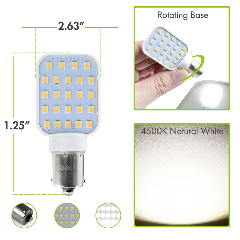 2 Pack Rotating Super Bright 300 Lumen 1141 1156 Wedge RV Interior LED Light 24-SMD Camper Trailer Lamp Bulb 10-24V Natural White (2)