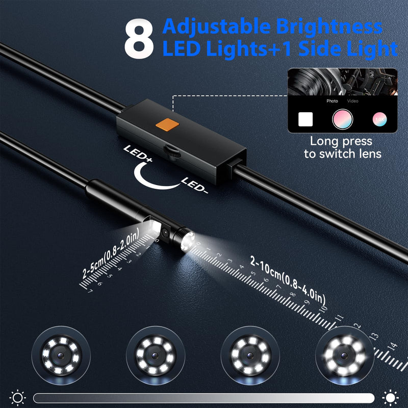 Endoscope Camera with Light, Dual-Lens 1920P HD Borescope Tools with 8+1 Adjustable LED Lights, 9.8FT Semi-Rigid Snake Cord IP67 Waterproof Inspection Camera for iPhone, iPad, iOS and Android Phone Dual Lens