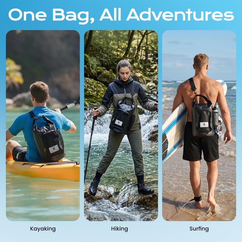 20L Waterproof Dry Bag with Bottle Holder & Mesh Pocket, 500D PVC Tarpaulin Roll Top Dry Sack with Inner Waterproof Adsorption Film, Large Dry Storage Bag for Kayaking, Camping, Beach, Boating Black - [Wirh Phone Pouch] 20L