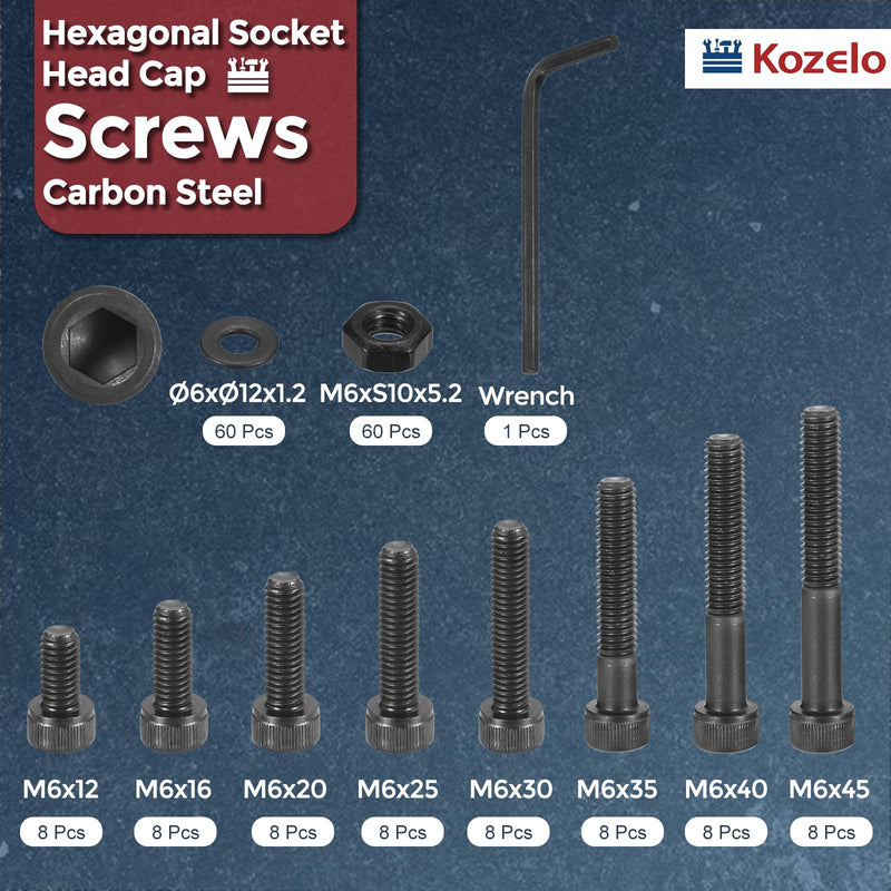 180pcs M6 Socket Head Cap Screws Bolts Nuts Assortment Kit - [M6x12/16/20/25/30/35/40/45mm] Alloy Steel Black Oxide 12.9 Internal Hex Screw for 3D Printer Use,with Wrench M6x12/16/20/25/30/35/40/45mm 180