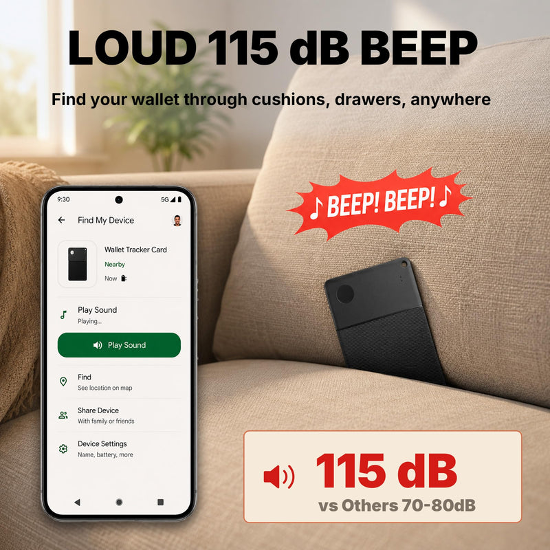 Wallet Tracker Card for Android, Ultra Thin 2.5mm Bluetooth Card Tracker, 5 Year Battery, Loud 115dB Locator for Wallet, Passport, Luggage, Works with Google Find Hub (Android Only)