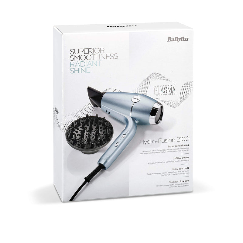 BaByliss Hydro-Fusion Hair Dryer with Diffuser - Professional 2100W Ionic Blow Dryer for Frizz-Free Styling, Plasma Technology for Shine, Lightweight Design, 3 Heat & 2 Speed Settings, Blue, 5573U Single