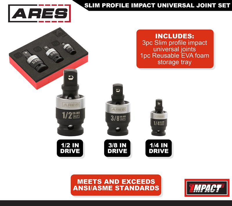 ARES 22036-3-Piece Slim Profile Impact Universal Joint Set - 1/4-Inch, 3/8-Inch and 1/2-Inch Drive Chrome Moly Steel Impact Grade U-Joint Sockets – Slim Body Profile for Superior Access 3-Piece Set Slim Impact Universal Joint