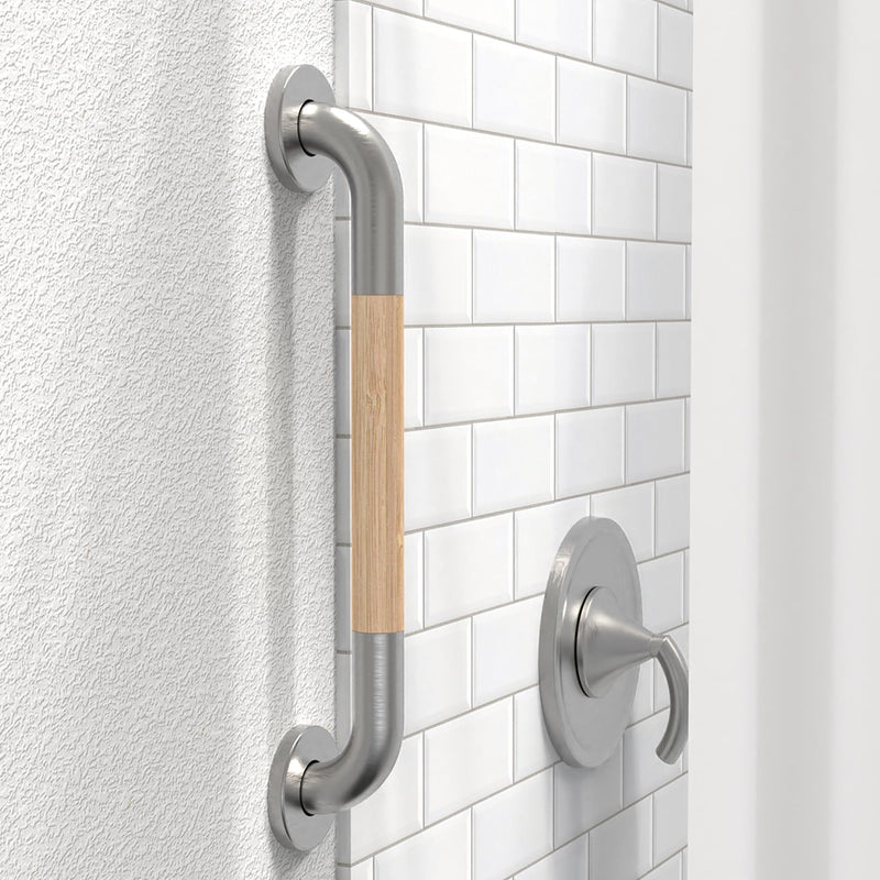 Safety Grab Bar for Bathroom & Toilet, Natural Bamboo Handle, ADA Compliant Balance Assist Handrail for Handicap and Seniors, 16in Brushed Nickel