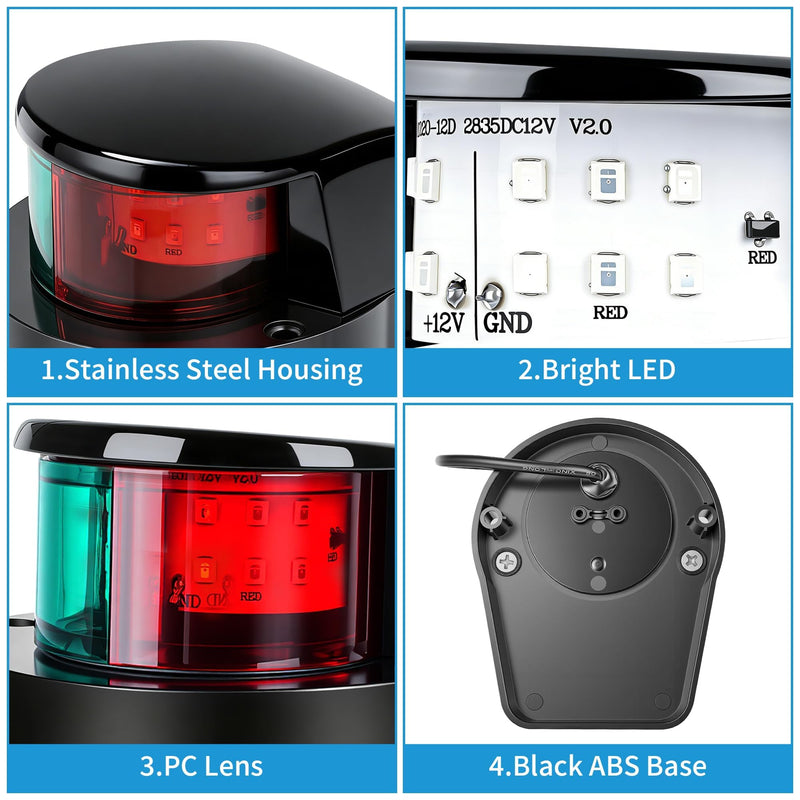 Obcursco Boat Navigation Lights, Red and Green Marine LED Bow Lights, IP67 Waterproof, Rust-Resistant, Ideal for Pontoon, Skiff, Small Boats, and Yacht(Black) Black