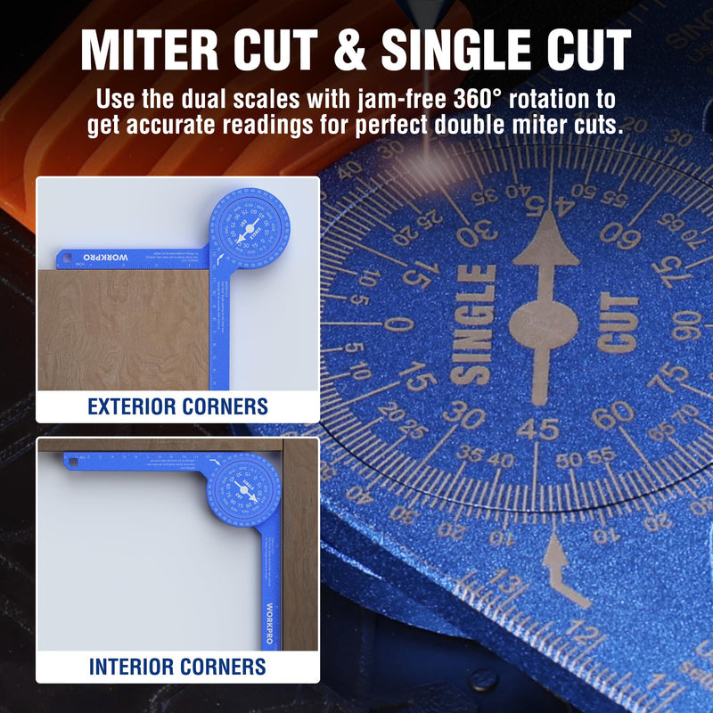 WORKPRO Aluminum Miter Saw Protractor, 7.3 Inch Angle Finder Featuring Precision Laser Engraved Scales for Inside and Outside Corner, Carpenters, Plumbers and All Building Trades, 360° Rotation, Blue