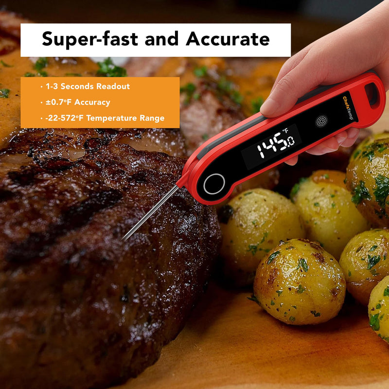 ChefsTemp Digital Instant Read Meat Thermometer with Ambidextrous Backlit for Grilling, Food, BBQ, Kitchen Cooking, Oil Deep Frying & Candy (Red) Red