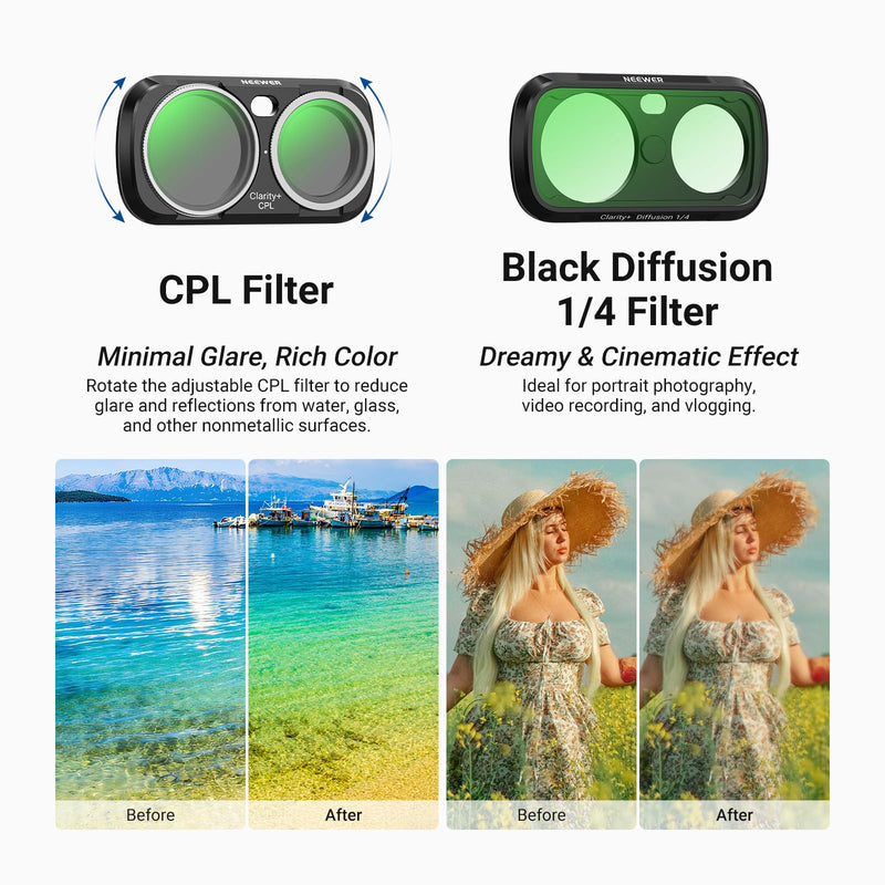 NEEWER Clarity+ ND CPL Effect Filter Compatible with Insta360 Luna Ultra | HD Optical, Variable ND Neutral Density ND2-32, Circular Polarizer Black Diffusion 1/4 Filter for Mist Cinematic Effect Metal ND2-32+CPL+1/4 Black Diffusion