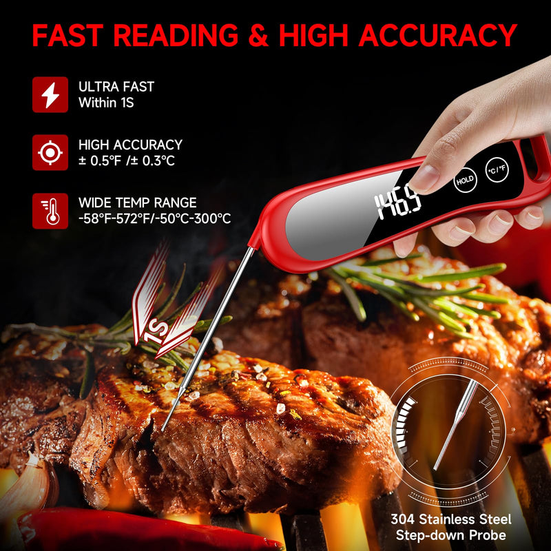2025 Upgraded Meat Thermometer Digital-1 Second Instant Read Food Thermometer with Large LED Display-IP67 Waterproof Kitchen Thermometer for Grilling and Cooking for Oven, BBQ, Smoker, Candy, Turkey Red