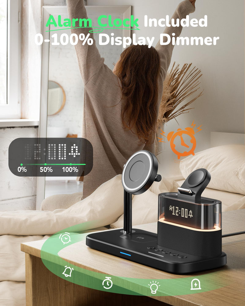 5 in 1 Wireless Charging Station for Apple,Mag-Safe Charger with Alarm Clock Night Light for Multiple Devices,Nightstand Charging Station for iPhone 17/16/15/14/13/12,Apple Watch Series,Air-Pods Qi1-Black