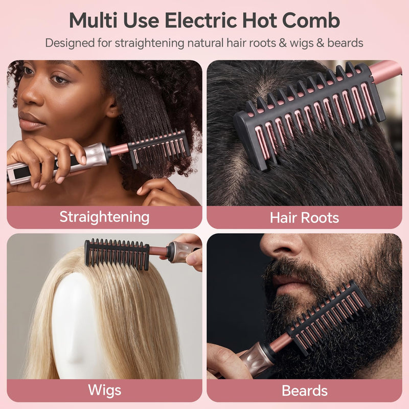 Hot Comb for Wigs & Afro Hair, Ceramic Heated Straightening Brush | with 14 Heat Settings, Anti-Scald, Auto Shut Off, Dual Voltage Travel Hair Straightener for Black Women Styling
