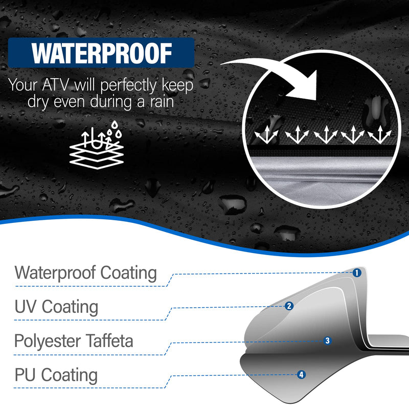ATV Cover Waterproof, Heavy Duty Windproof Quad Covers, All Weather Protection 4 Wheeler Covers fit for Kawasaki, Honda, Polaris, Yamaha, 86'' (Black, XXL)