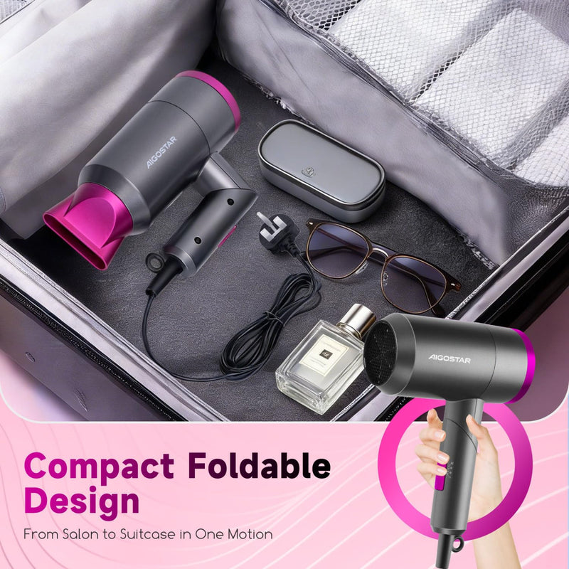 Aigostar Foldable Ionic Hair Dryer 1800W, Portable Travel Blow Dryer with Concentrator & Storage Bag, 2 Heat Settings & Cool Shot, Compact Lightweight Hairdryer for Home, Gym & Holiday - Diane Grey/Rose Pink(foldable)
