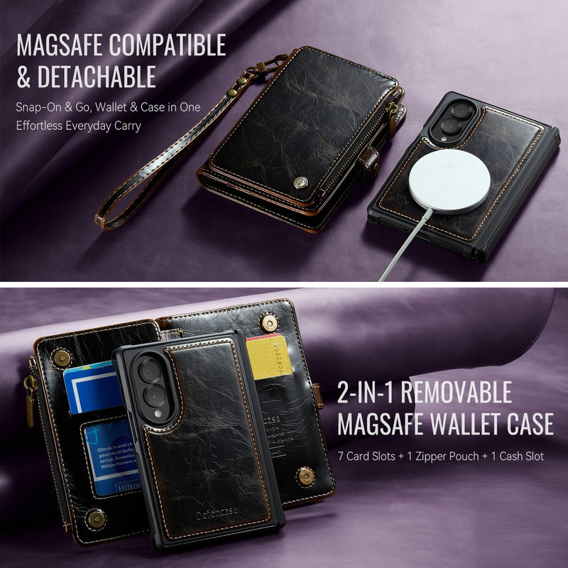 Defencase for Galaxy Z Fold 8 Case Wallet Compatible with Magsafe, Coffee | Magnetic Detachable, RFID Bolcking Card Holder, Zipper, PU Leather, Drop-Proof Phone Cases Cover for Samsung Galaxy Z Fold 8 (Detachable with Magsafe)-Coffee
