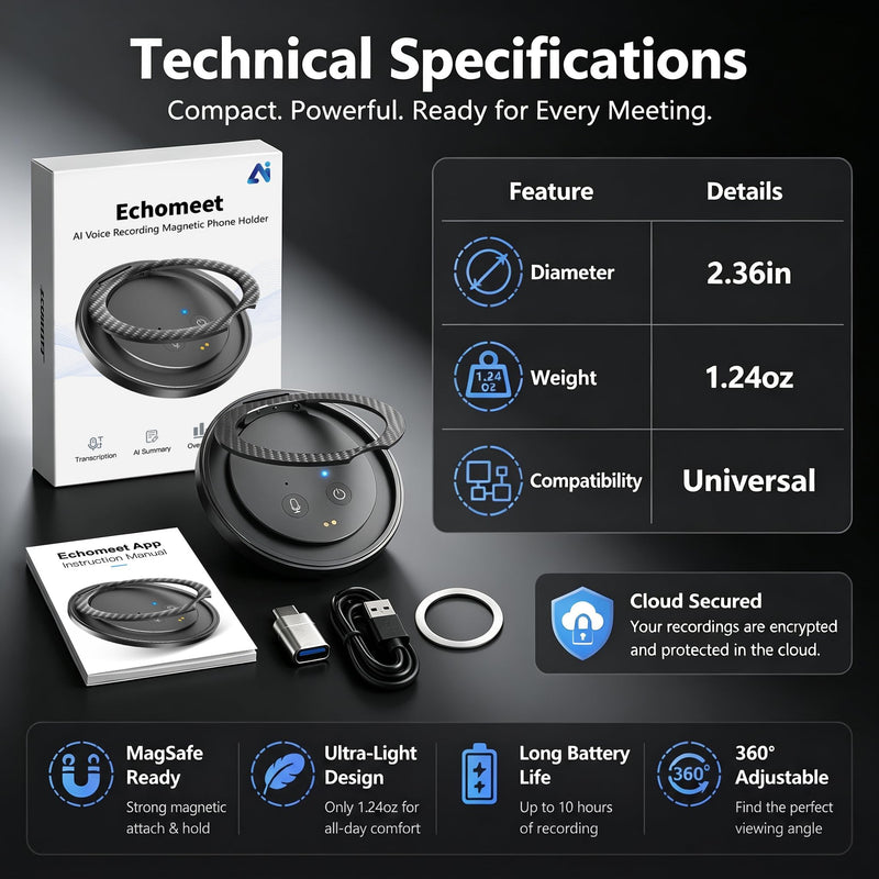 AI Voice Recorder with Transcribe & Summarize for Meetings, Study & Work | AI Note Taker for Productivity, 100+ Languages, 360° Magnetic Phone Stand, Edit Speakers, 1TB Cloud Multi-Device Sync Black