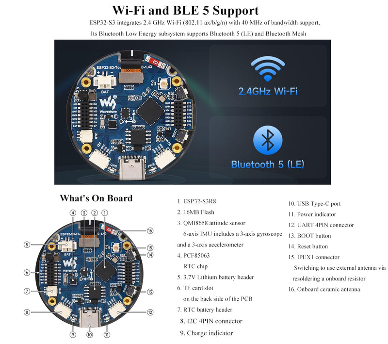 ESP32-S3 1.43inch AMOLED Touch Display Development Board, 466x466 QSPI Interface AMOLED Round LCD, Onboard Accelerometer and Gyroscope Sensor R T C Chip, ESP32 with Display, Multiple Interfaces