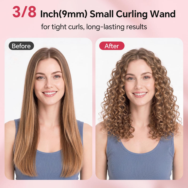 JAETON Curling Wand 9MM, Thin Curling Iron for Tight Curls with Clamp | Hair Curler for Long&Short Hair, Tourmaline Ceramic Barrel 30-Second Heat-Up, Pro Curling Tongs, 14 Temp 100℃-230℃