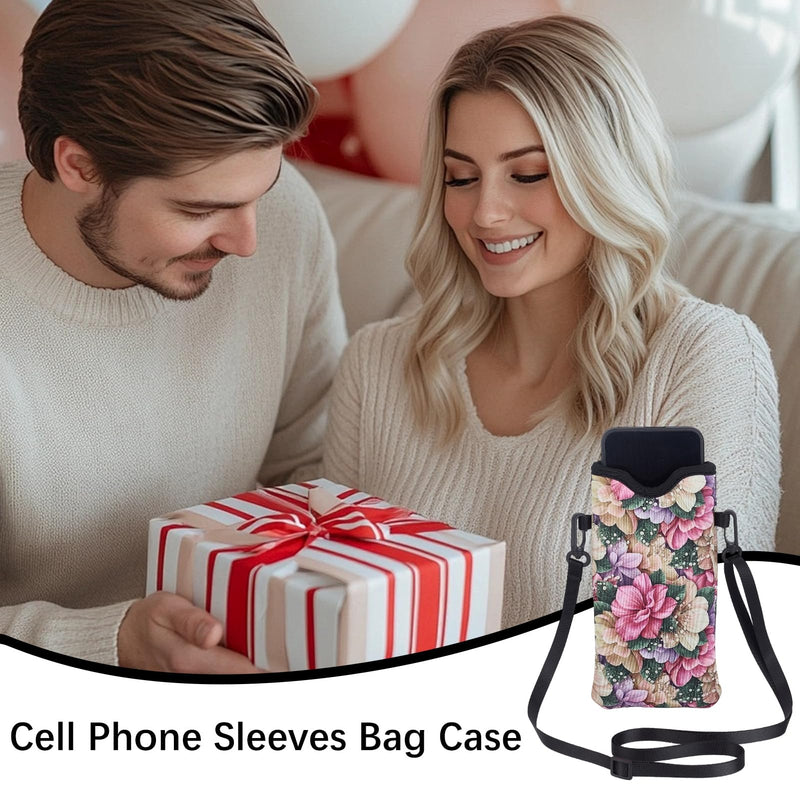NICENEEDED Neoprene Phone Sleeve Pouch, Floral Cell Phone Case Bag with Crossbody Strap Neck Lanyard, 4 x 7.9 Inch Colorful Flower Cell Phone Bag for Women