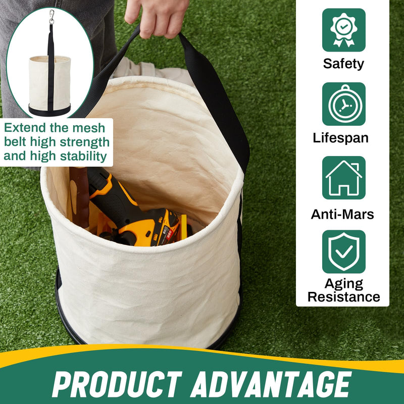 1 Pack Canvas Bucket 15" x 12" Heavy Duty Lineman Tool Bag with Plastic Bottom & Metal Hook Electrician Tool Organizer for Jobsite Use, Load Rated up to 150 Pounds (White) 1 White